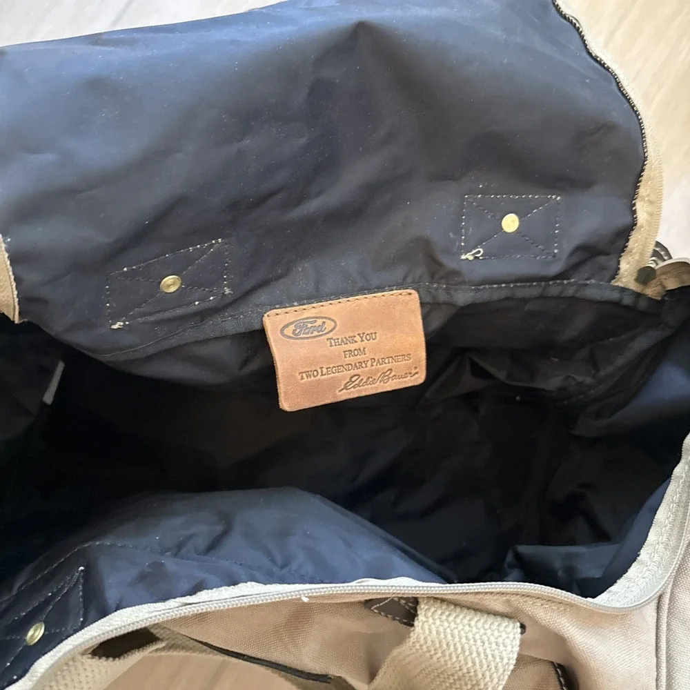 Vintage Eddie Bauer Duffle Bag Canvas Leather Trim Ford Travel Utility Weekender